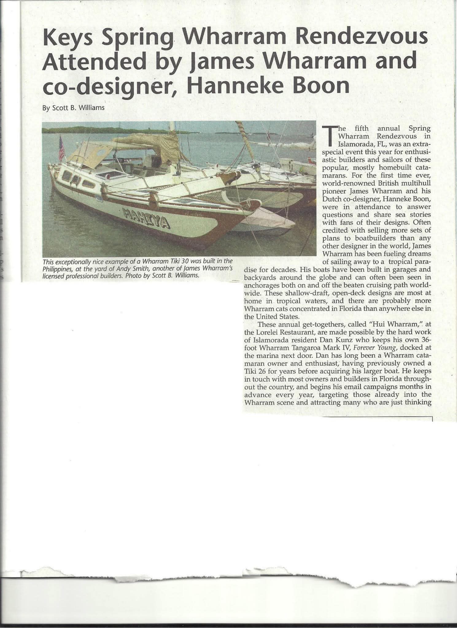 Magazine article about the Keys Spring Wharram Rendezvous featuring a photo of the Mahiya — a Wharram Tiki 30 catamaran